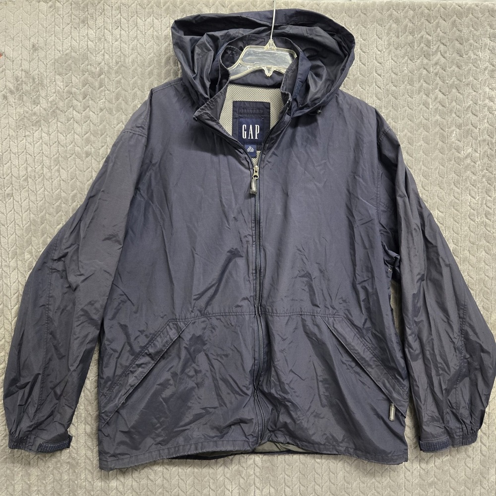 Vintage 90s Gap Full Zip Windbreaker Hooded Rain Jacket‎ Mens size XL Navy Blue